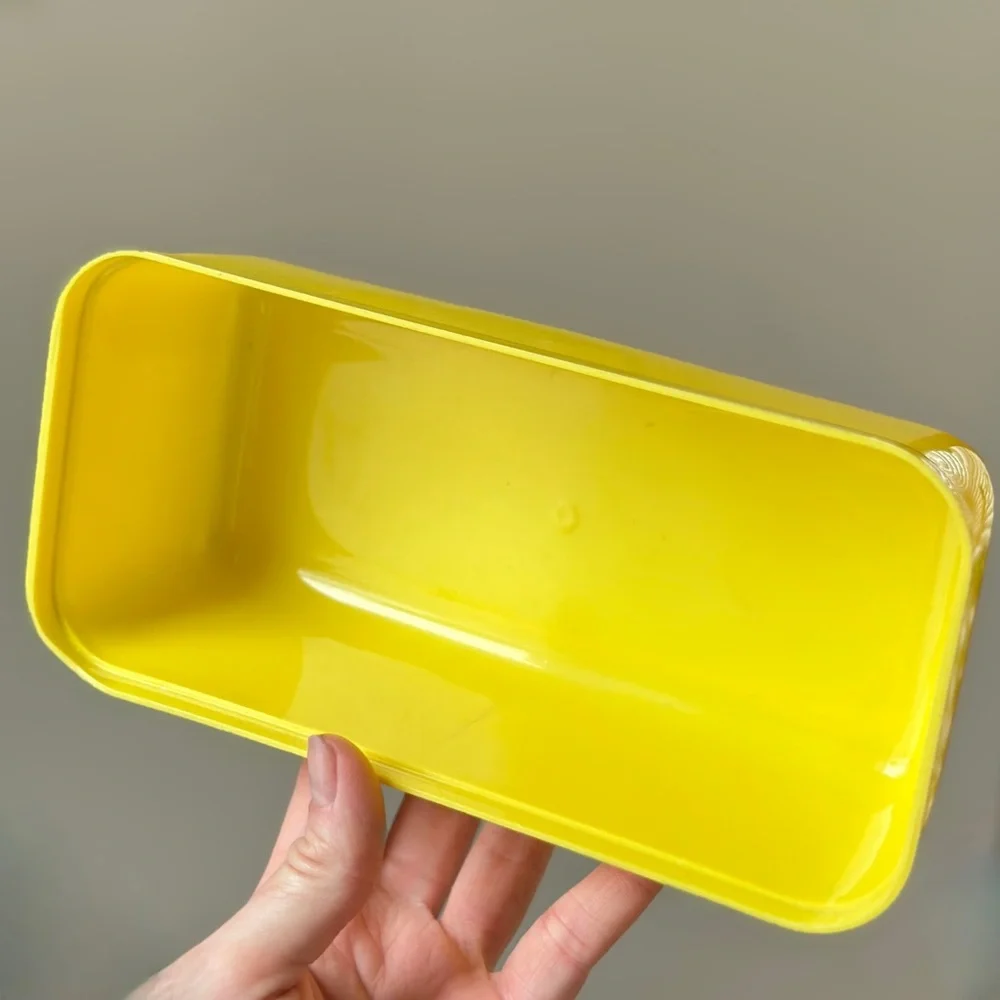 Vintage Lustroware Plastic Refrigerator Dish Yellow with Clear Lid Retro MCM 8”